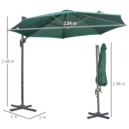 3 Metre Cantilever Parasol with Tilt, 360° Rotation & Cross Base - Green