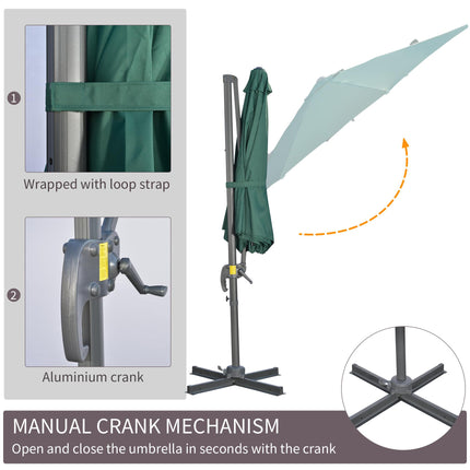3 Metre Cantilever Parasol with Tilt, 360° Rotation & Cross Base - Green