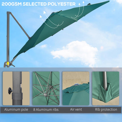 3 Metre Cantilever Parasol with Tilt, 360° Rotation & Cross Base - Green