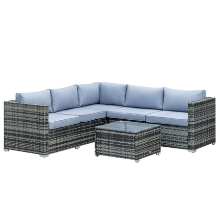 5-Seater Rattan Garden Furniture Set with Corner Sofa, Loveseat, Coffee Table & Cushions - Grey