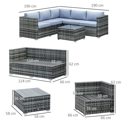 5-Seater Rattan Garden Furniture Set with Corner Sofa, Loveseat, Coffee Table & Cushions - Grey