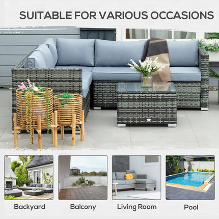 5-Seater Rattan Garden Furniture Set with Corner Sofa, Loveseat, Coffee Table & Cushions - Grey