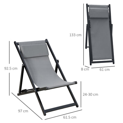 Set of 2 Folding Aluminium Frame Garden & Beach Deck Chairs with Adjustable Backrest - Grey