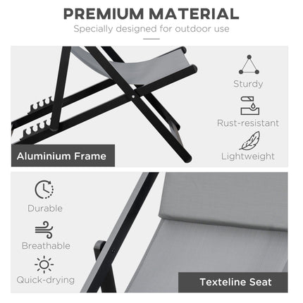 Set of 2 Folding Aluminium Frame Garden & Beach Deck Chairs with Adjustable Backrest - Grey