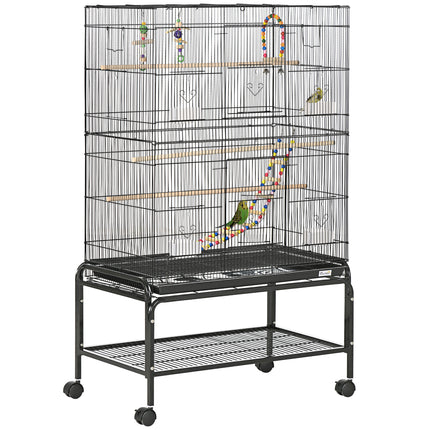 Bird Cage with Stand, Toys, Wheels, Storage Shelf for Small Birds - Black
