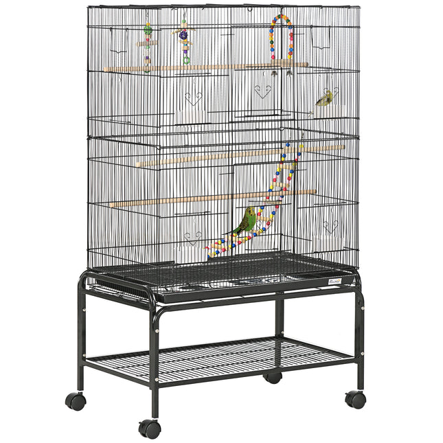 Bird Cage with Stand, Toys, Wheels, Storage Shelf for Small Birds - Black