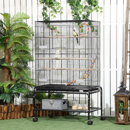 Bird Cage with Stand, Toys, Wheels, Storage Shelf for Small Birds - Black