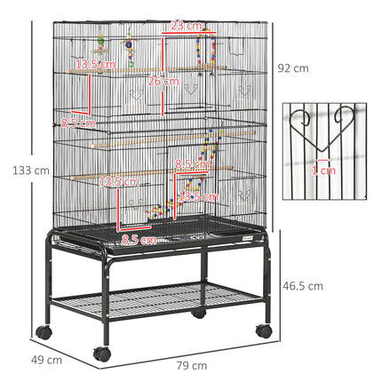 Bird Cage with Stand, Toys, Wheels, Storage Shelf for Small Birds - Black