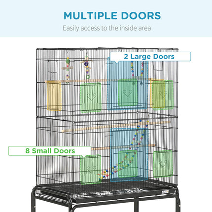 Bird Cage with Stand, Toys, Wheels, Storage Shelf for Small Birds - Black