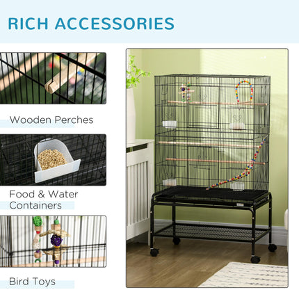 Bird Cage with Stand, Toys, Wheels, Storage Shelf for Small Birds - Black