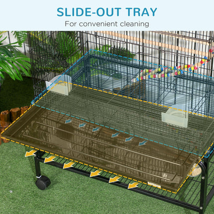 Bird Cage with Stand, Toys, Wheels, Storage Shelf for Small Birds - Black