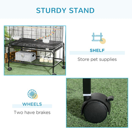 Bird Cage with Stand, Toys, Wheels, Storage Shelf for Small Birds - Black