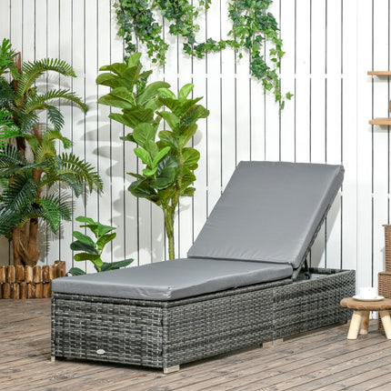Adjustable Rattan Sun Lounger with Padded Cushion - Grey