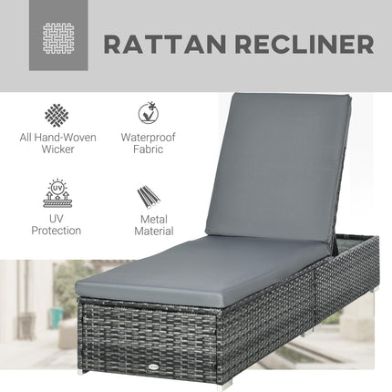 Adjustable Rattan Sun Lounger with Padded Cushion - Grey