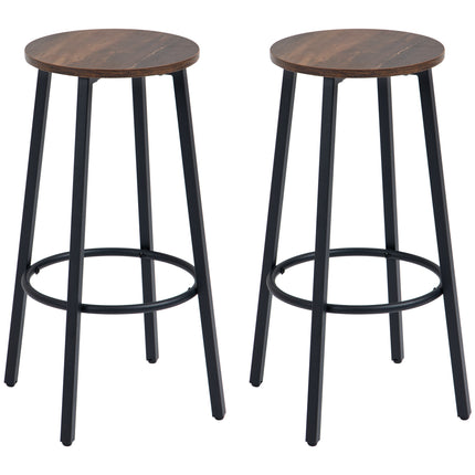 Set of 2 Industrial Bar Stools with Rustic Brown Seats for Kitchen & Dining - Rustic Brown