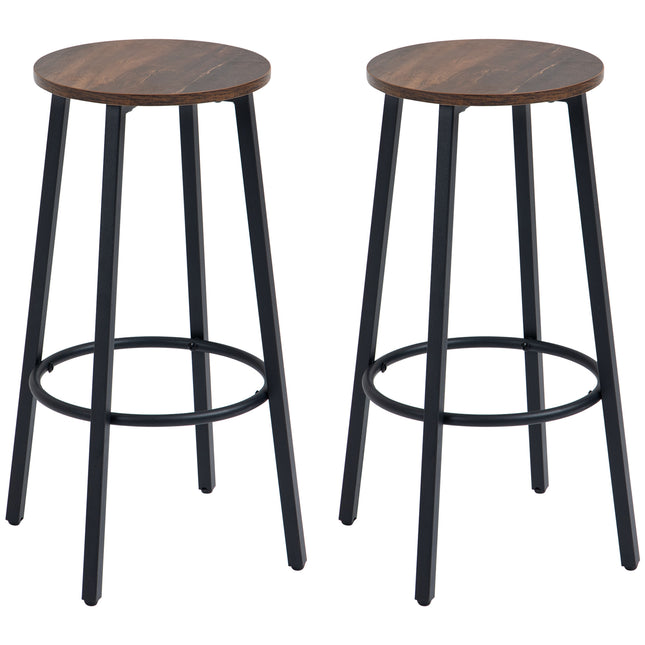 Set of 2 Industrial Bar Stools with Rustic Brown Seats for Kitchen & Dining - Rustic Brown