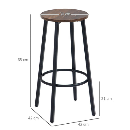 Set of 2 Industrial Bar Stools with Rustic Brown Seats for Kitchen & Dining - Rustic Brown