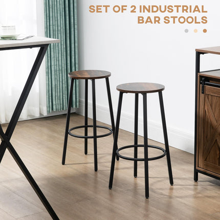 Set of 2 Industrial Bar Stools with Rustic Brown Seats for Kitchen & Dining - Rustic Brown
