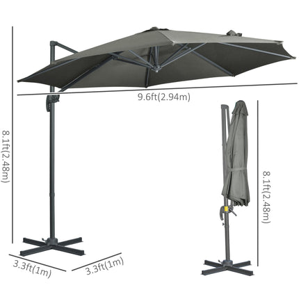 3 Meter Cantilever Parasol with 360° Rotation and Crank Handle - Grey