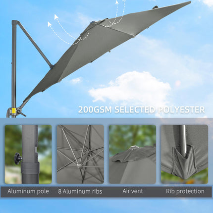3 Meter Cantilever Parasol with 360° Rotation and Crank Handle - Grey