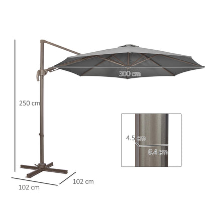 3 Metre Cantilever Parasol with Aluminium Frame, Tilt Crank & 360° Swivel - Dark Grey