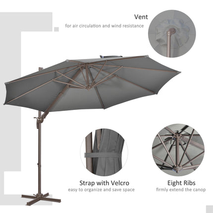 3 Metre Cantilever Parasol with Aluminium Frame, Tilt Crank & 360° Swivel - Dark Grey