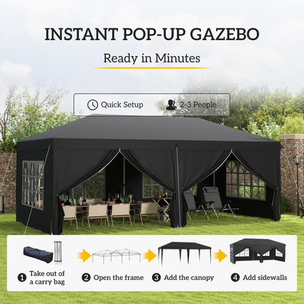 3 x 6 Metre Pop Up Gazebo with Adjustable Steel Frame and Removable Sides - Black