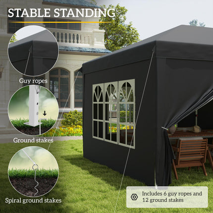 3 x 6 Metre Pop Up Gazebo with Adjustable Steel Frame and Removable Sides - Black