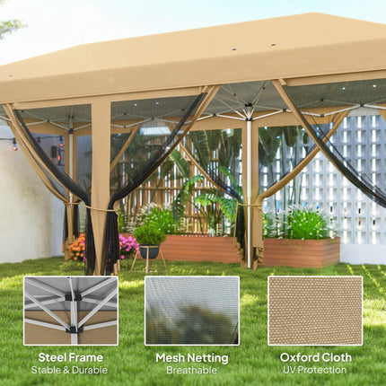 6 x 3 Metre Pop Up Gazebo with Mesh Walls and Carry Bag - Beige