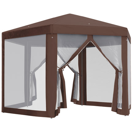Hexagonal Garden Gazebo with Mosquito Netting and Zipped Doors - Brown
