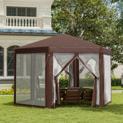 Hexagonal Garden Gazebo with Mosquito Netting and Zipped Doors - Brown