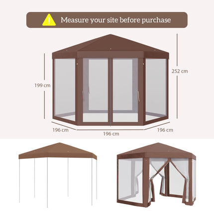 Hexagonal Garden Gazebo with Mosquito Netting and Zipped Doors - Brown