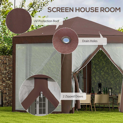 Hexagonal Garden Gazebo with Mosquito Netting and Zipped Doors - Brown