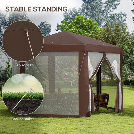 Hexagonal Garden Gazebo with Mosquito Netting and Zipped Doors - Brown