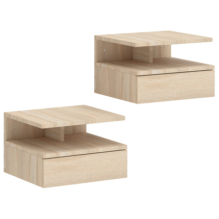 Set of Two Floating Bedside Tables with Drawer and Shelf - Oak Tone