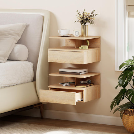 Set of Two Floating Bedside Tables with Drawer and Shelf - Oak Tone
