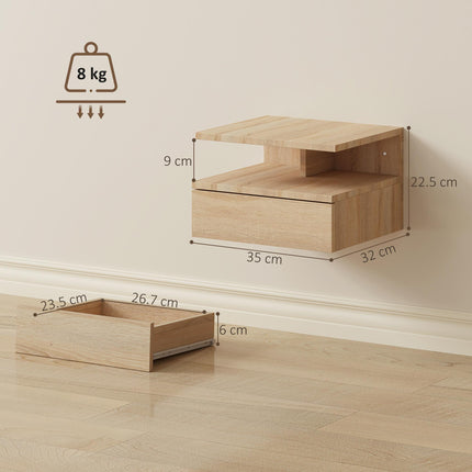 Set of Two Floating Bedside Tables with Drawer and Shelf - Oak Tone