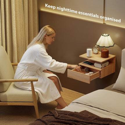 Set of Two Floating Bedside Tables with Drawer and Shelf - Oak Tone