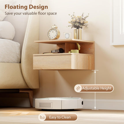 Set of Two Floating Bedside Tables with Drawer and Shelf - Oak Tone