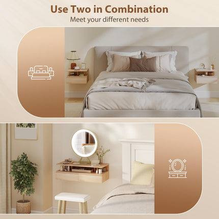 Set of Two Floating Bedside Tables with Drawer and Shelf - Oak Tone