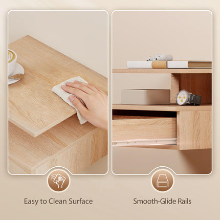 Set of Two Floating Bedside Tables with Drawer and Shelf - Oak Tone
