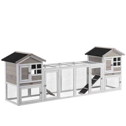 2 in 1 Wooden Rabbit & Guinea Pig Hutch with Run, Slide-out Tray & Ramp - Grey