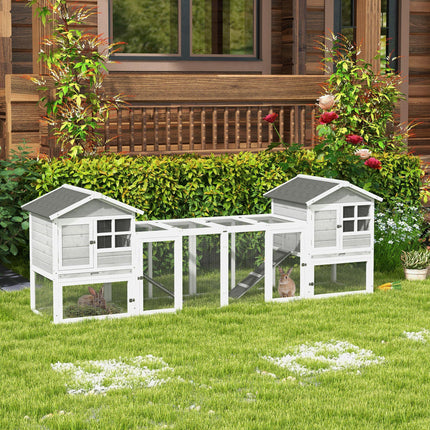 2 in 1 Wooden Rabbit & Guinea Pig Hutch with Run, Slide-out Tray & Ramp - Grey