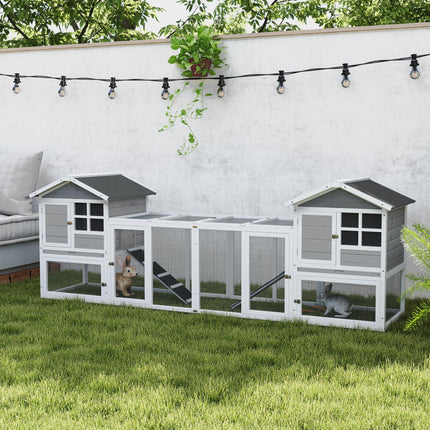 2 in 1 Wooden Rabbit & Guinea Pig Hutch with Run, Slide-out Tray & Ramp - Grey