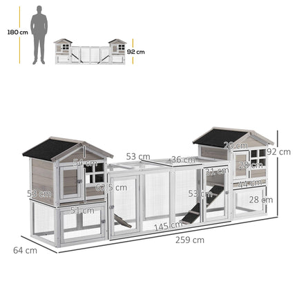 2 in 1 Wooden Rabbit & Guinea Pig Hutch with Run, Slide-out Tray & Ramp - Grey