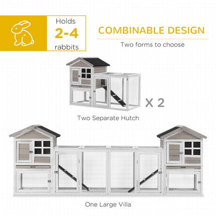 2 in 1 Wooden Rabbit & Guinea Pig Hutch with Run, Slide-out Tray & Ramp - Grey