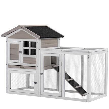 2 in 1 Wooden Rabbit & Guinea Pig Hutch with Run, Slide-out Tray & Ramp - Grey