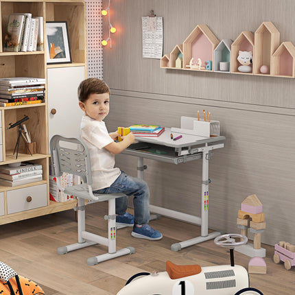 Height Adjustable Kids Desk and Chair Set with Tiltable Desktop - Grey