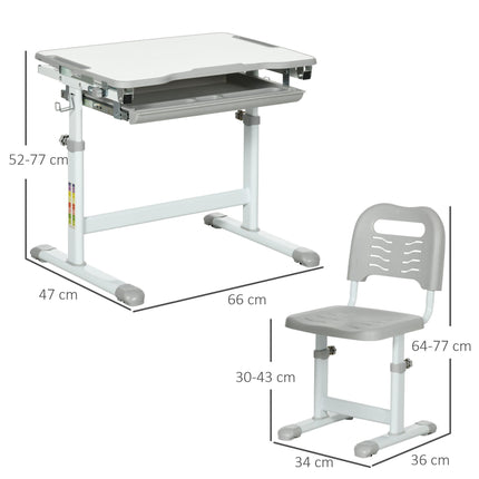 Height Adjustable Kids Desk and Chair Set with Tiltable Desktop - Grey