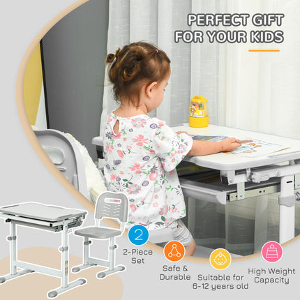 Height Adjustable Kids Desk and Chair Set with Tiltable Desktop - Grey